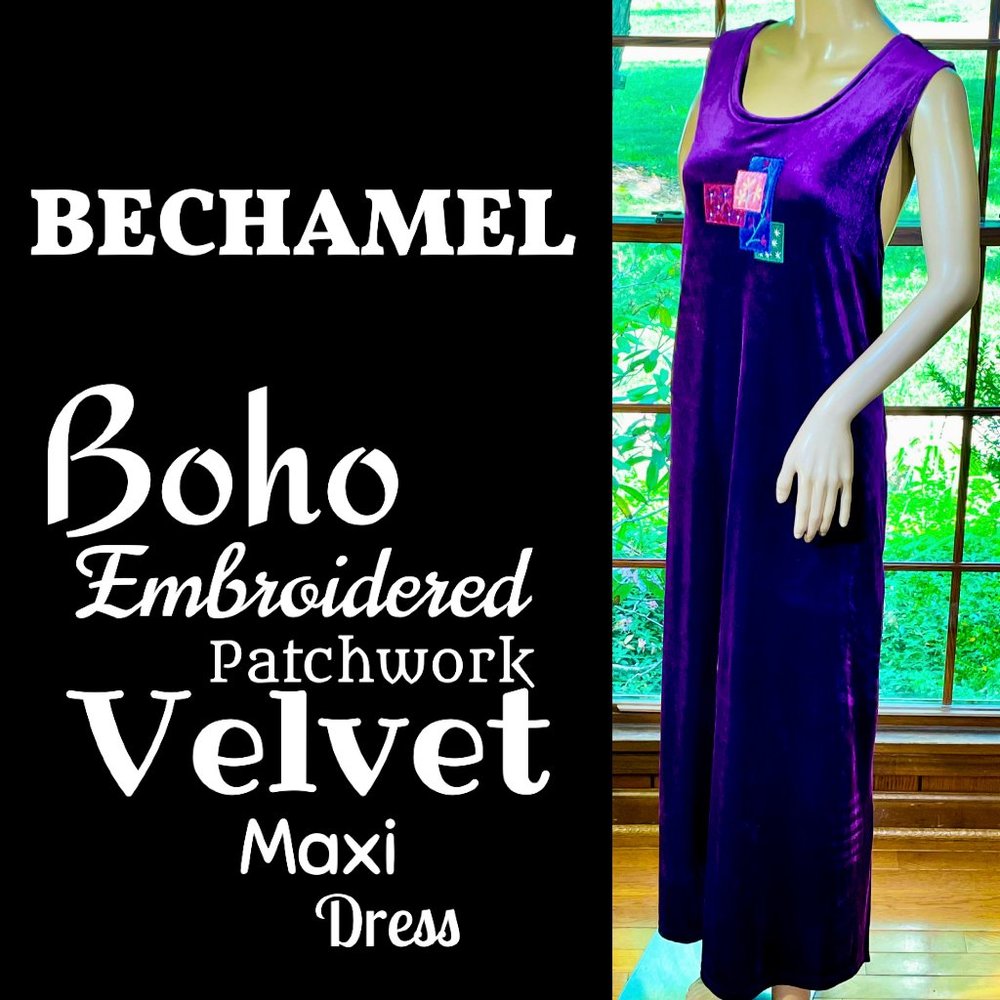 ▪️ BECHAMEL▪️Boho Purple Velvet Embroidered Patchwork Appliqué Maxi Dress